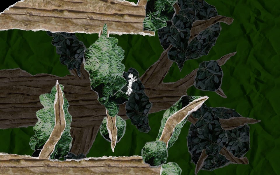 Gameplay screenshot from And Yet It Moves: between trees.