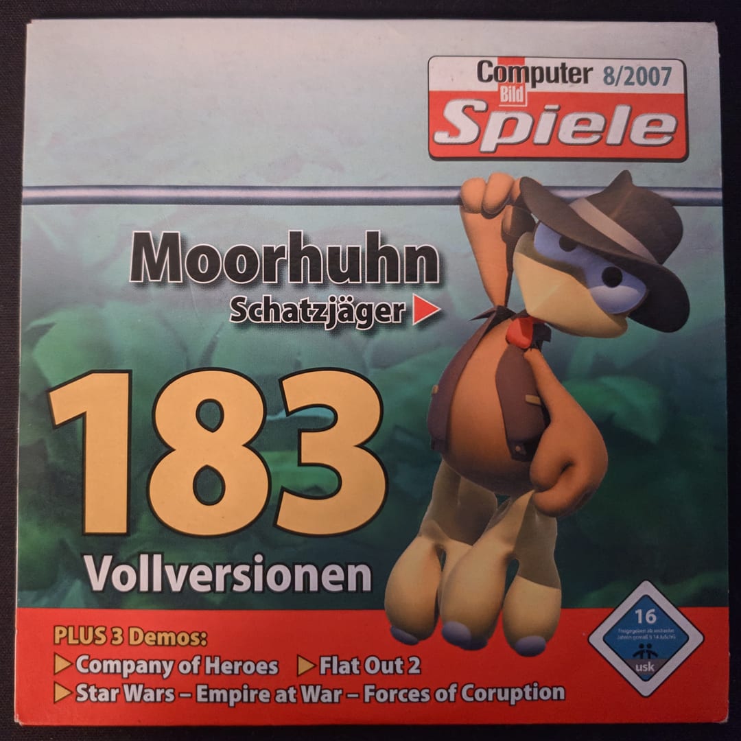Computer Bild Spiele 8/2007 cover-disc front featuring Moorhuhn Schatzjäger.